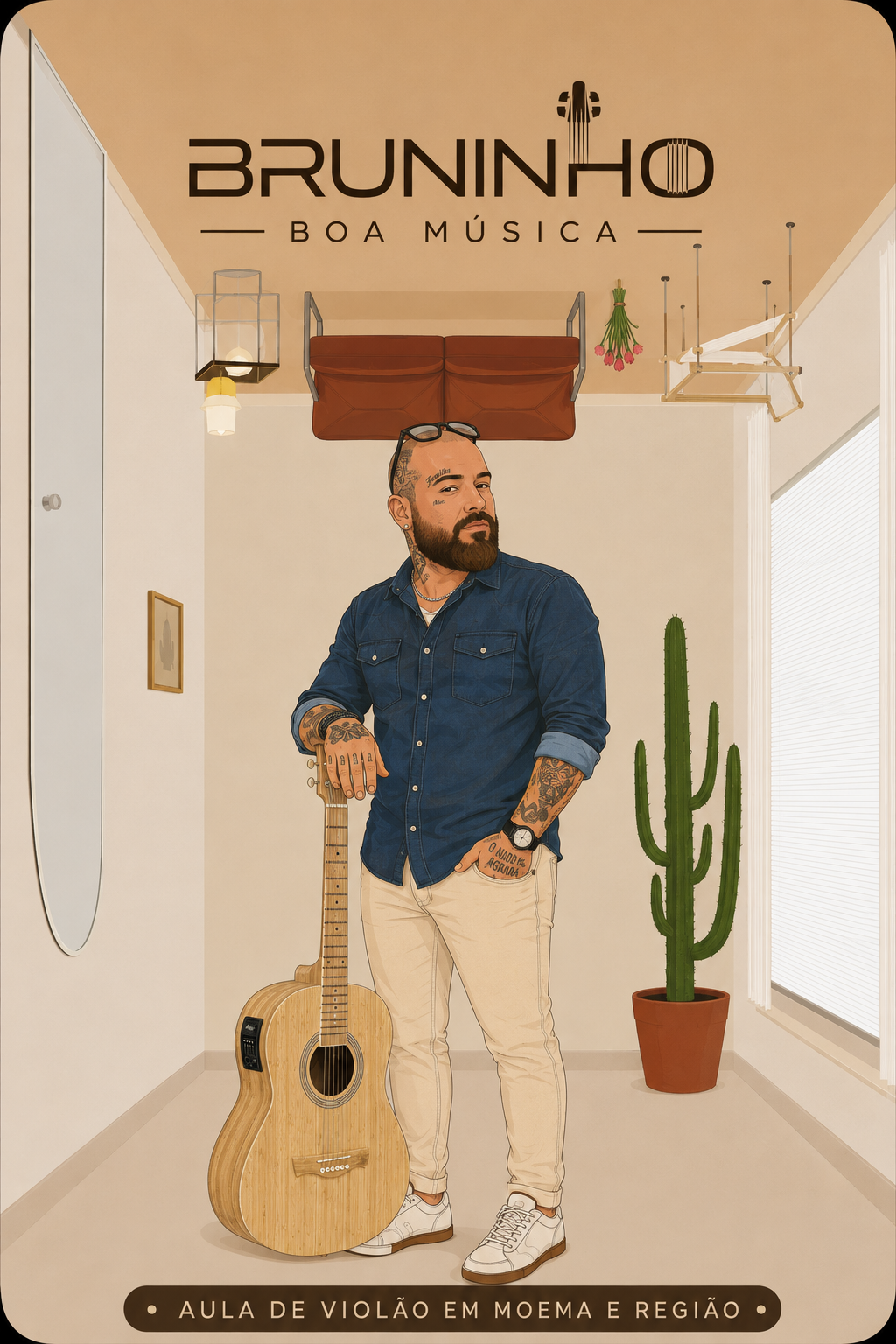 Ilustração do professor Bruninho com seu violão no espaço de aulas em Moema